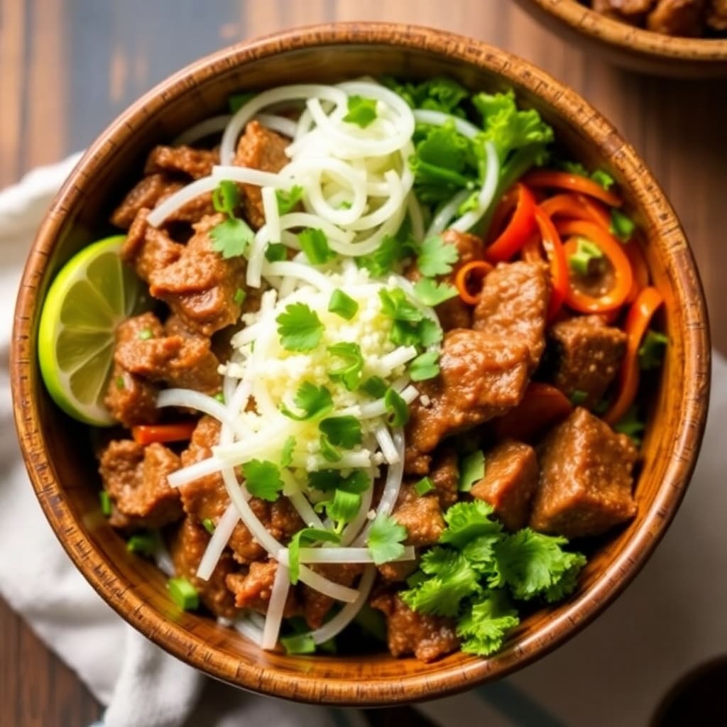 "Three rice options for Korean beef bowls: white rice, brown rice, and cauliflower rice in bowls."