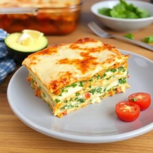 "Freshly baked vegan white lasagna served in a casserole dish with creamy layers of béchamel sauce, plant-based cheese, and vegetables, garnished with fresh parsley."