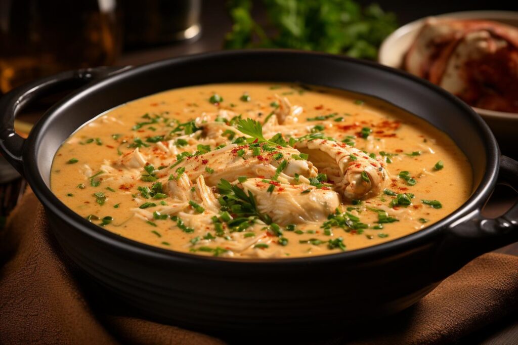 A bowl of Marry Me Chicken Soup served alongside a slice of golden, buttery garlic bread on a wooden table