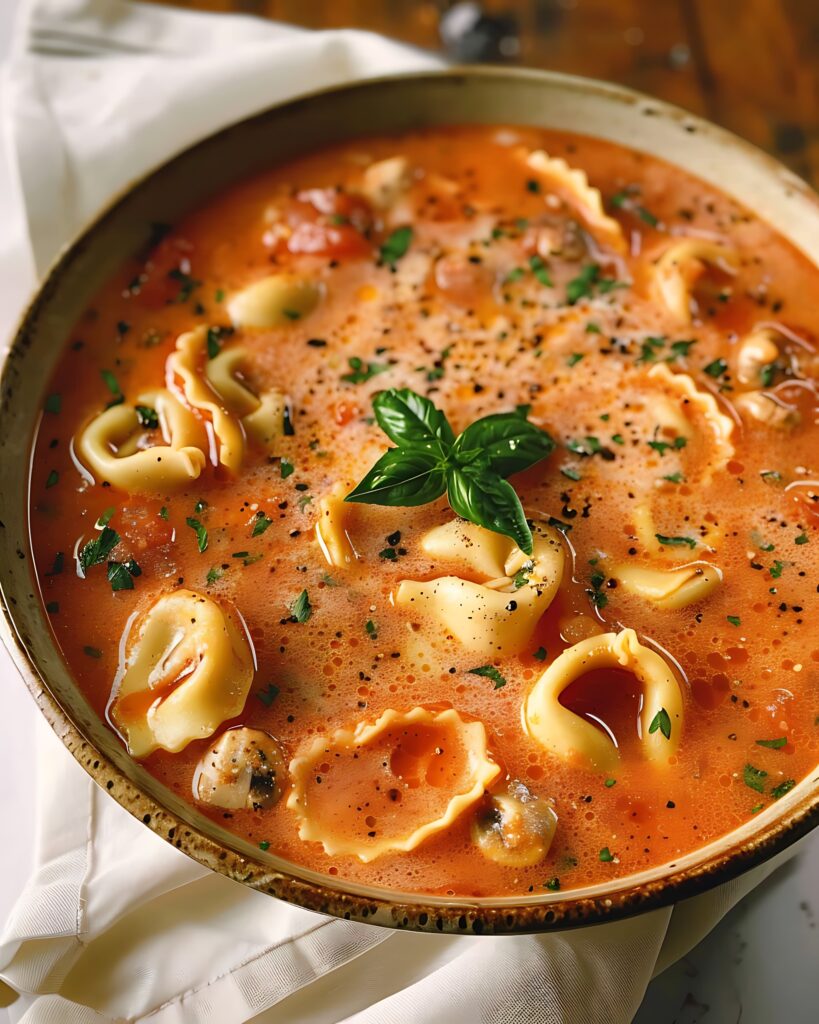A bowl of Marry Me Chicken Soup served alongside a slice of golden, buttery garlic bread on a wooden table