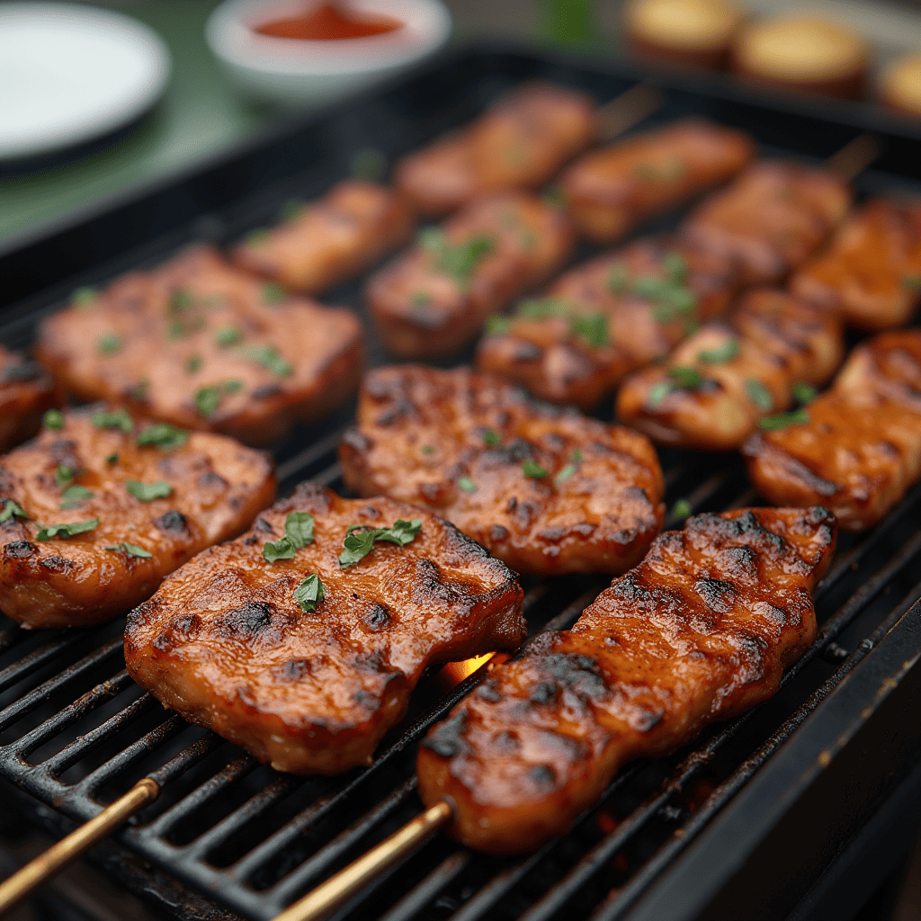 A close-up of a set of high-quality barbecue tools including tongs, a meat thermometer, and a grill brush, all recommended by Cato for perfect grilling.