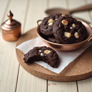 Close-up of a Brownie-Cookie showing a gooey chocolate center and crisp cookie edges, topped with chocolate chips, served on a wooden plate.