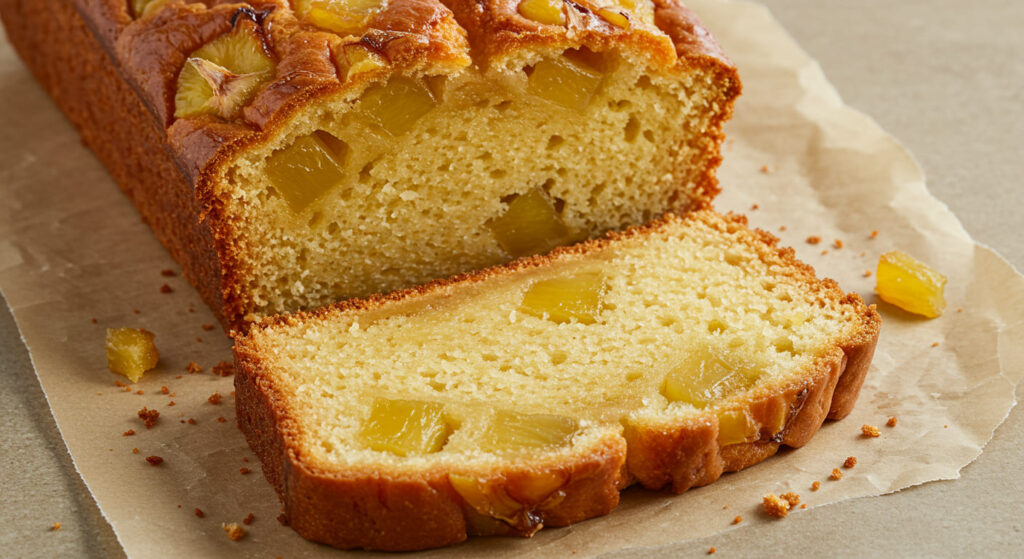 A bowl of pineapple bread batter being mixed with a wooden spoon, showing a smooth, thick consistency.