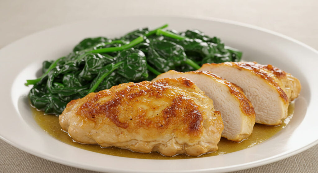 Fresh ingredients for chicken spinach recipe, including chicken breasts, spinach leaves, garlic, onions, olive oil, and spices arranged on a kitchen counter.