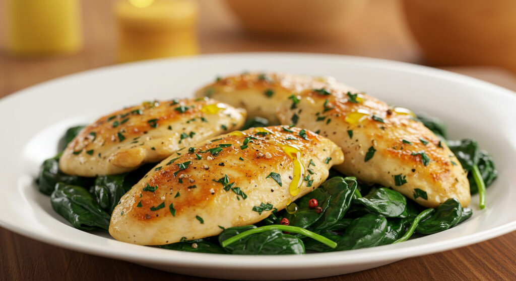 Fresh ingredients for chicken spinach recipe, including chicken breasts, spinach leaves, garlic, onions, olive oil, and spices arranged on a kitchen counter.