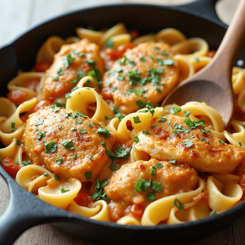 Creamy skillet chicken pasta with golden chicken pieces, penne pasta, and a rich Parmesan sauce, garnished with fresh parsley.