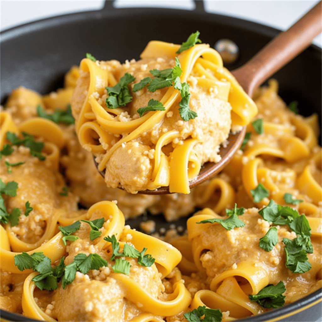 Creamy skillet chicken pasta with golden chicken pieces, penne pasta, and a rich Parmesan sauce, garnished with fresh parsley.