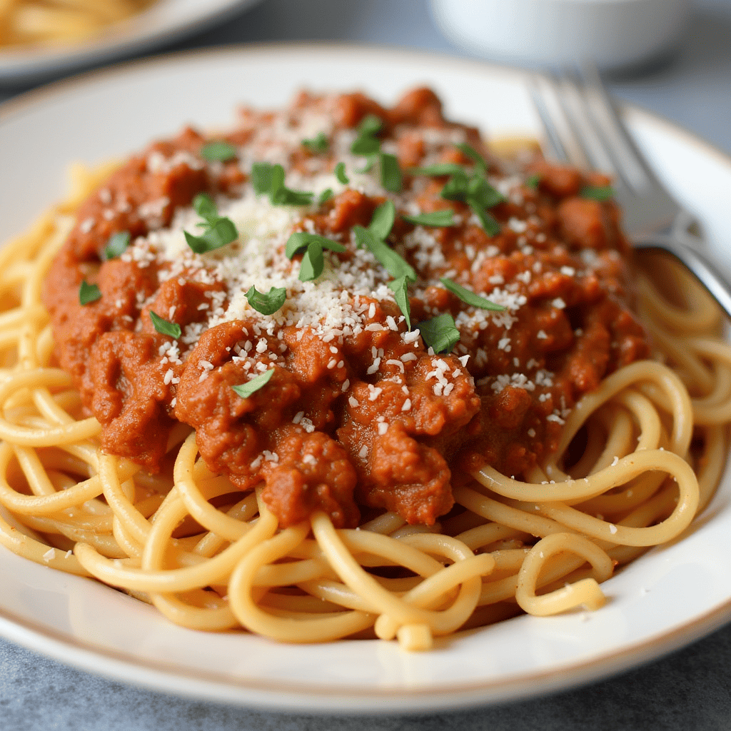 A plate of Spaghetti Bolognese topped with Parmesan cheese and fresh basil, served with garlic bread.