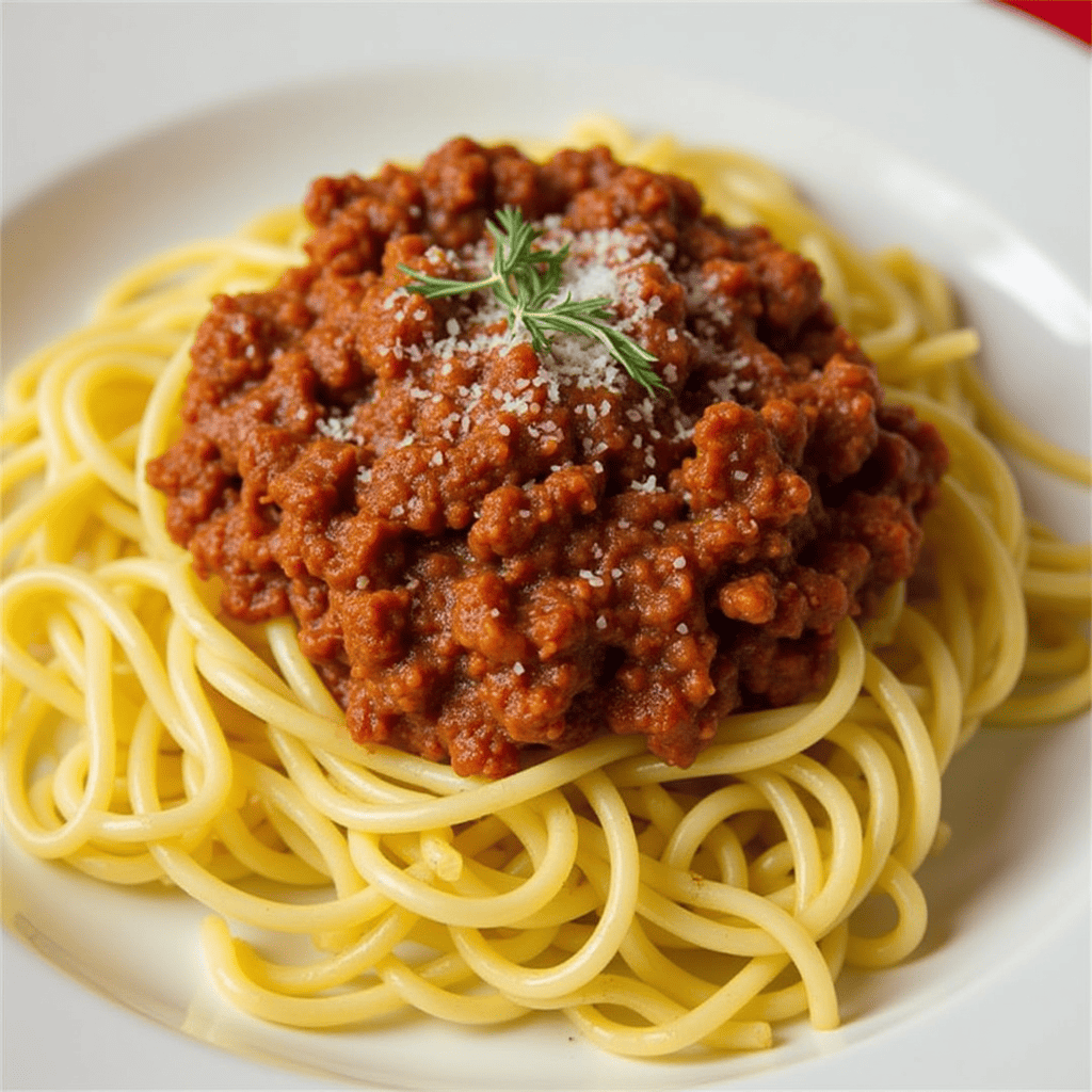 Fresh ingredients for Spaghetti Bolognese: ground beef, tomatoes, onions, garlic, and herbs on a wooden table.