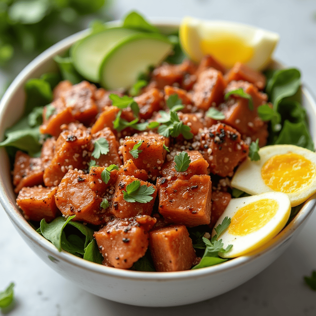 A low-carb spicy tuna poke bowl with fresh tuna, cauliflower rice, avocado, shredded cabbage, and sesame seeds, topped with a spicy mayo drizzle.