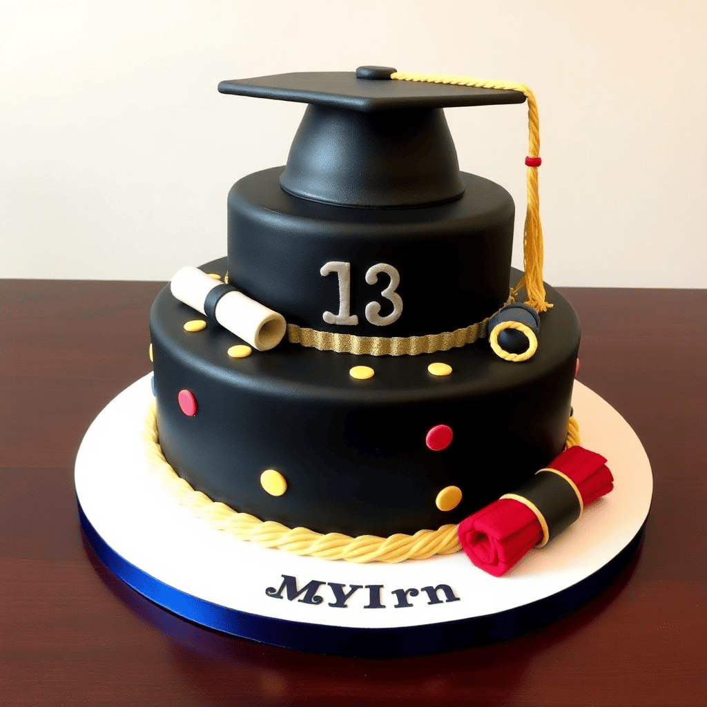 A two-tiered graduation cake featuring the school colors, with edible toppers of a diploma, stars, and a 'Class of 2025' sign.