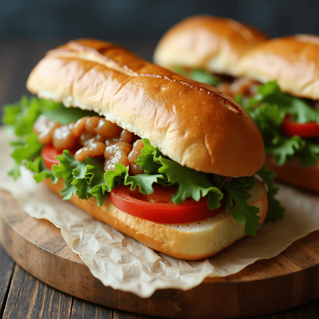 A fusion Banh Mi Sandwich with Korean BBQ beef, kimchi, and a drizzle of gochujang sauce, served on a crusty baguette.