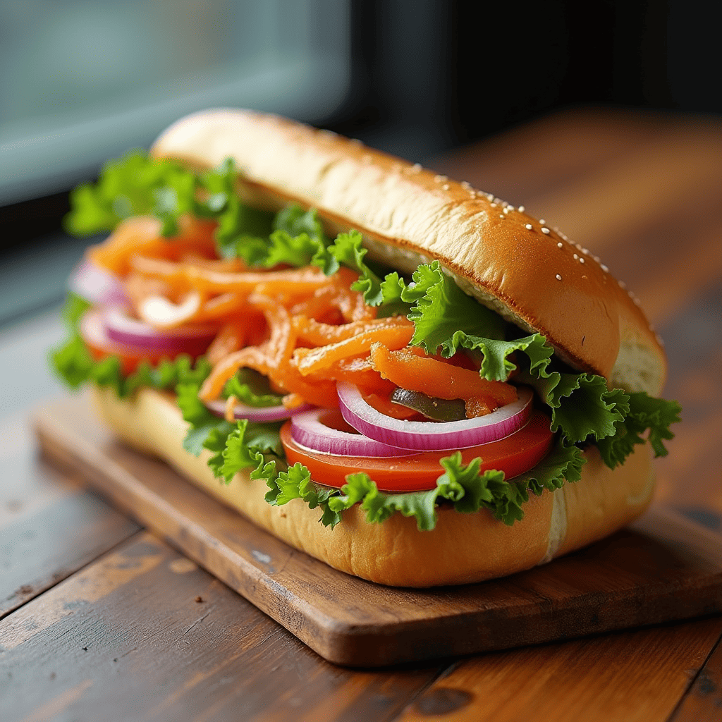 A vegetarian Banh Mi Sandwich with crispy tofu, pickled vegetables, fresh herbs, and a drizzle of chili sauce, served on a toasted baguette.