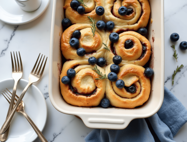 A baking dish filled with unbaked blueberry cheesecake rolls, showing swirls of creamy filling and fresh blueberries, ready to be baked