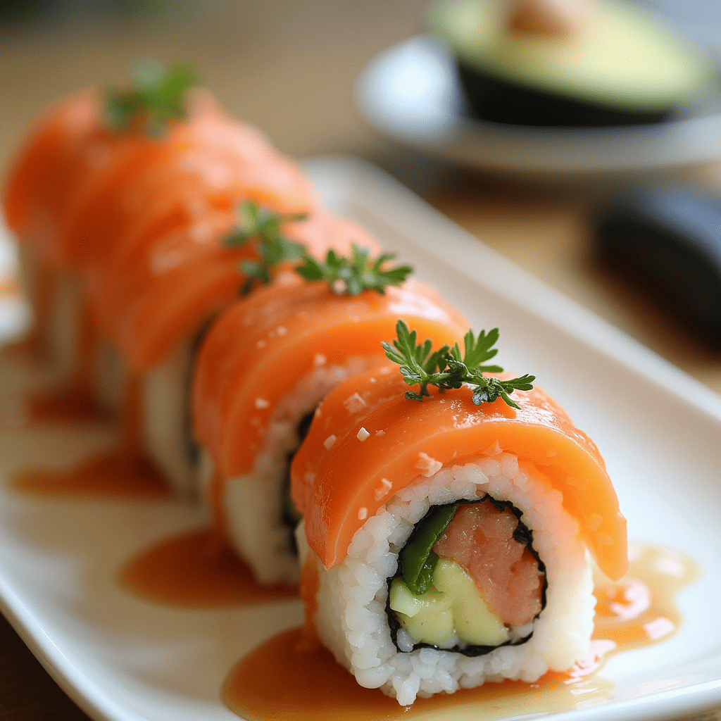 Fresh sushi ingredients on a counter, including sushi rice, nori sheets, salmon fillets, avocado, and cucumber