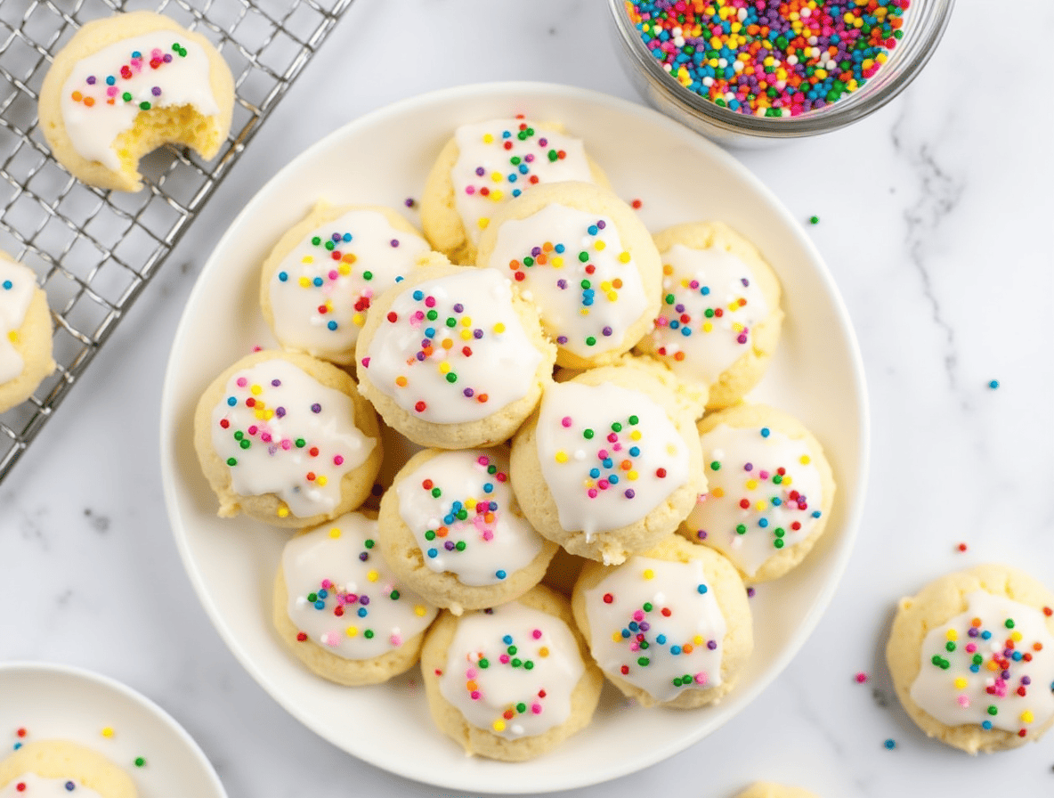 Golden ricotta cookies drizzled with a white glaze and topped with colorful sprinkles, perfect for holiday celebrations