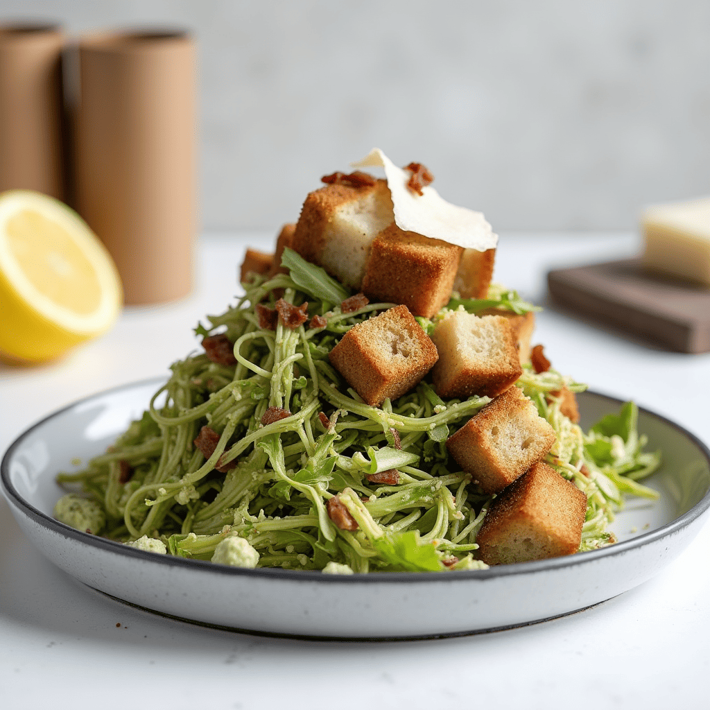 A vibrant bowl of Shaved Brussels Sprouts Caesar Salad, featuring thinly shaved Brussels sprouts, creamy Caesar dressing, grated Parmesan cheese, and golden croutons, garnished with a lemon wedge.