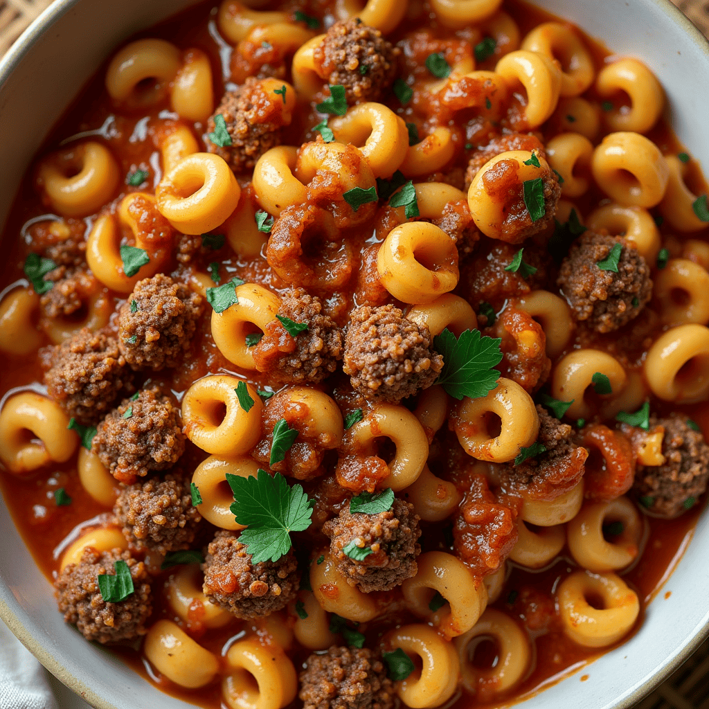 Classic American Goulash in a Bowl – A hearty bowl of American Goulash with ground beef, elbow macaroni, and rich tomato sauce, garnished with fresh parsley.