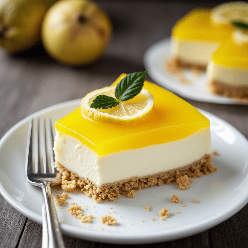 A whole lemon cheesecake with a smooth, creamy filling and a crumbly graham cracker crust, garnished with lemon zest and mint leaves.