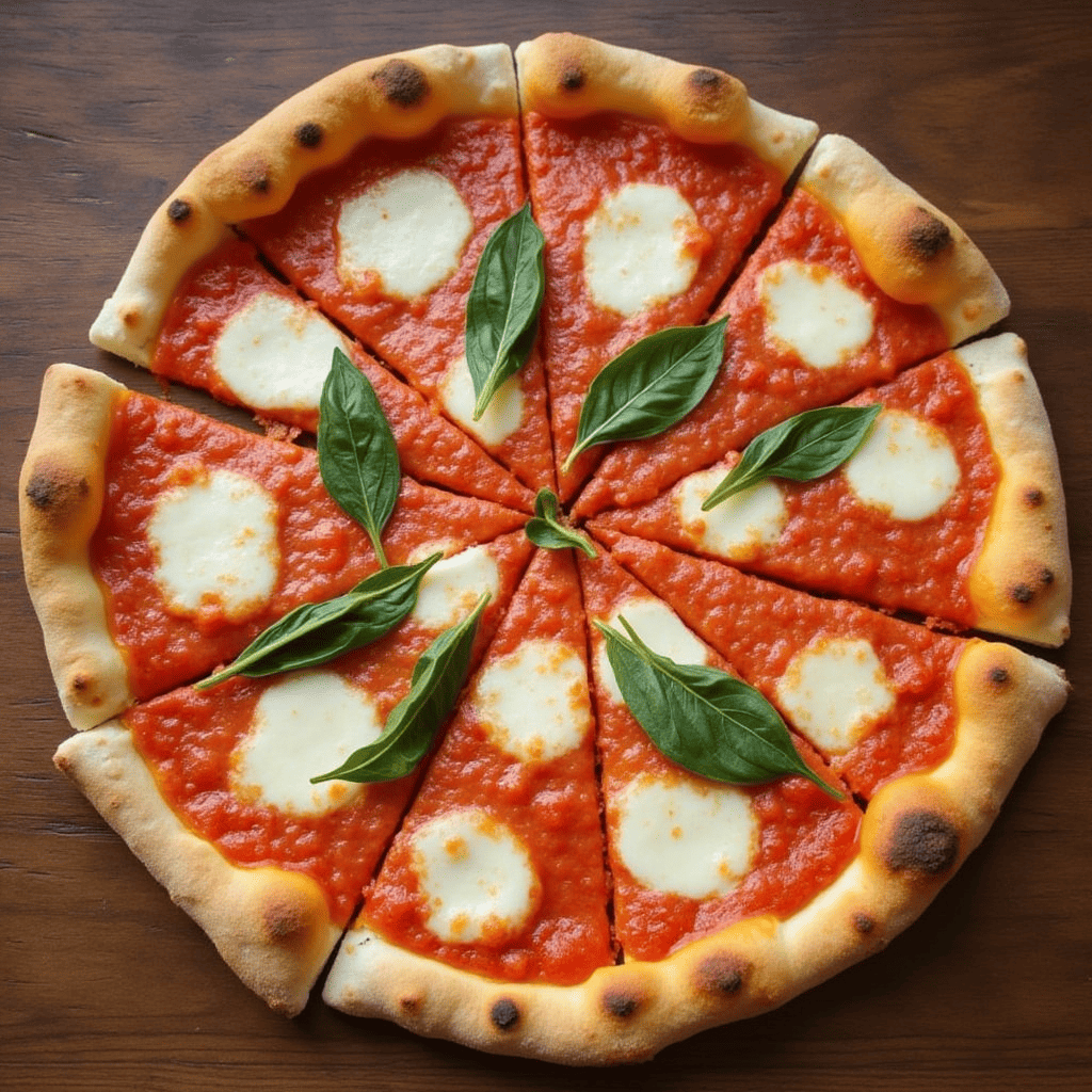 A classic Pizza Margherita with a golden, crispy crust topped with vibrant red San Marzano tomatoes, melted fresh mozzarella cheese, and green basil leaves.