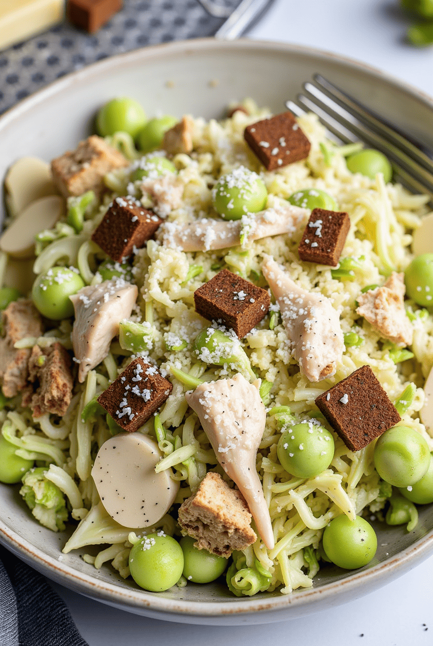 A vibrant bowl of Shaved Brussels Sprouts Caesar Salad, featuring thinly shaved Brussels sprouts, creamy Caesar dressing, grated Parmesan cheese, and golden croutons, garnished with a lemon wedge.