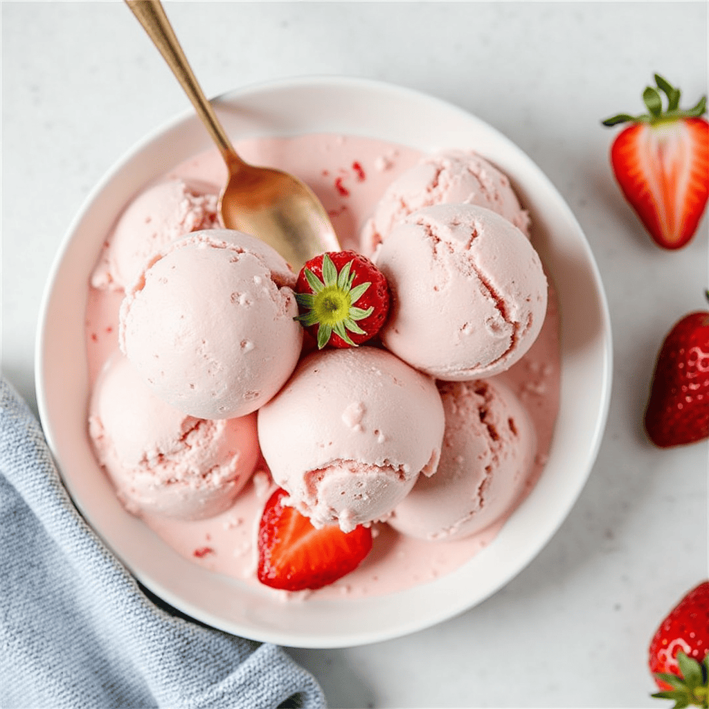 A bowl of creamy strawberry vanilla bean ice cream topped with fresh strawberry slices and a sprig of mint, served on a rustic wooden table.