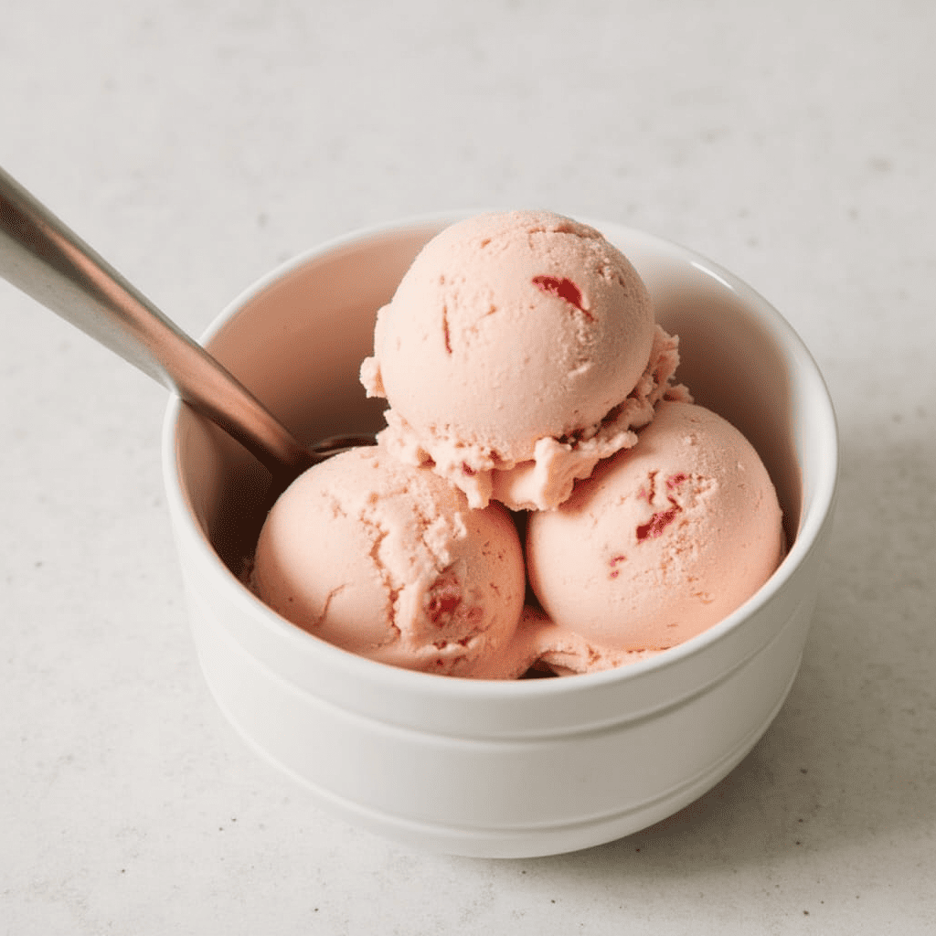 A bowl of creamy strawberry vanilla bean ice cream topped with fresh strawberry slices and a sprig of mint, served on a rustic wooden table.