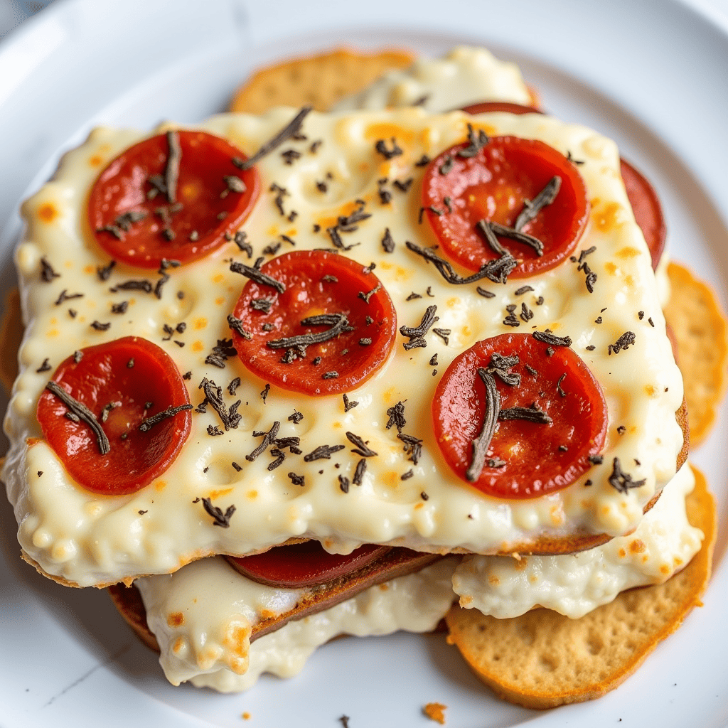 A close-up of golden, crispy Pizza Lava Toast with melted mozzarella cheese oozing out, topped with pepperoni and fresh basil leaves