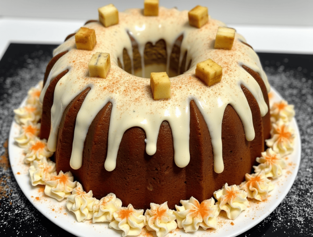 A slice of moist Banana-Nog Cake on a plate, topped with a dusting of powdered sugar and a sprinkle of cinnamon, served with a glass of eggnog in the background.