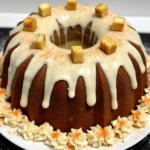 A slice of moist Banana-Nog Cake on a plate, topped with a dusting of powdered sugar and a sprinkle of cinnamon, served with a glass of eggnog in the background.