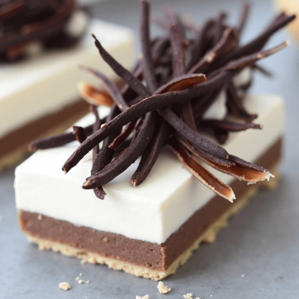 A close-up of decadent French Silk Pie Bars with a chocolate cookie crust, smooth chocolate filling, and fluffy whipped cream topping, garnished with chocolate shavings.