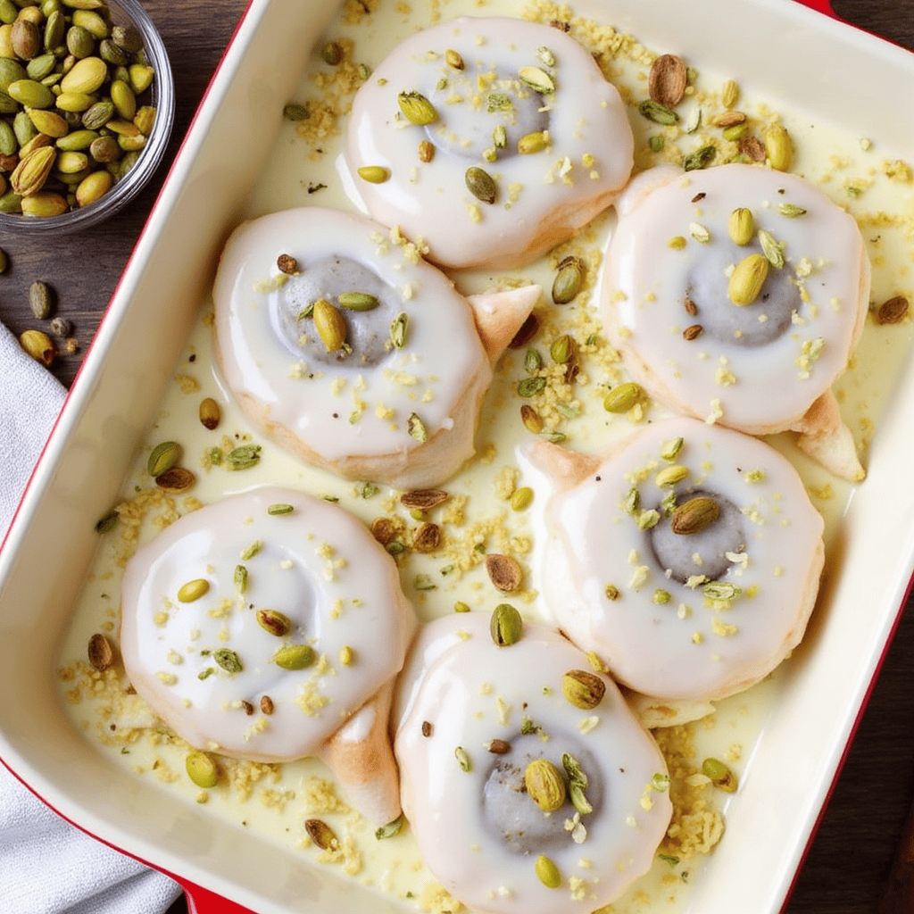 Freshly baked Pistachio Rolls with a golden crust, topped with crushed pistachios and a light dusting of powdered sugar.