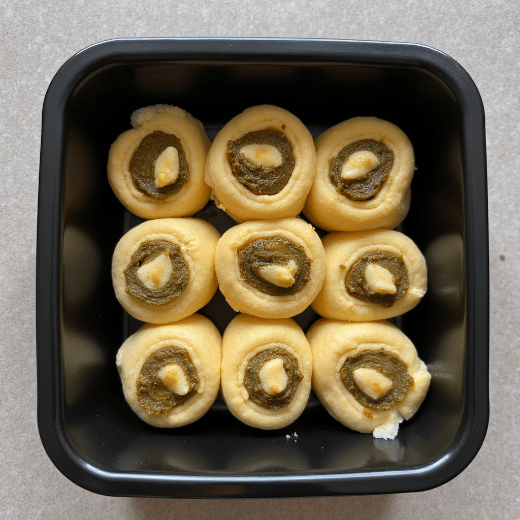 A close-up of a soft, fluffy Pistachio Roll with a vibrant green pistachio filling and a glossy glaze drizzle.