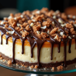 A slice of Samoa cheesecake with a coconut crust, creamy caramel filling, and toppings of toasted coconut, chocolate drizzle, and caramel sauce.