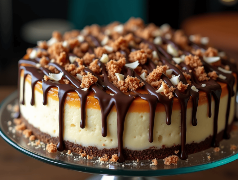 A slice of Samoa cheesecake with a coconut crust, creamy caramel filling, and toppings of toasted coconut, chocolate drizzle, and caramel sauce.